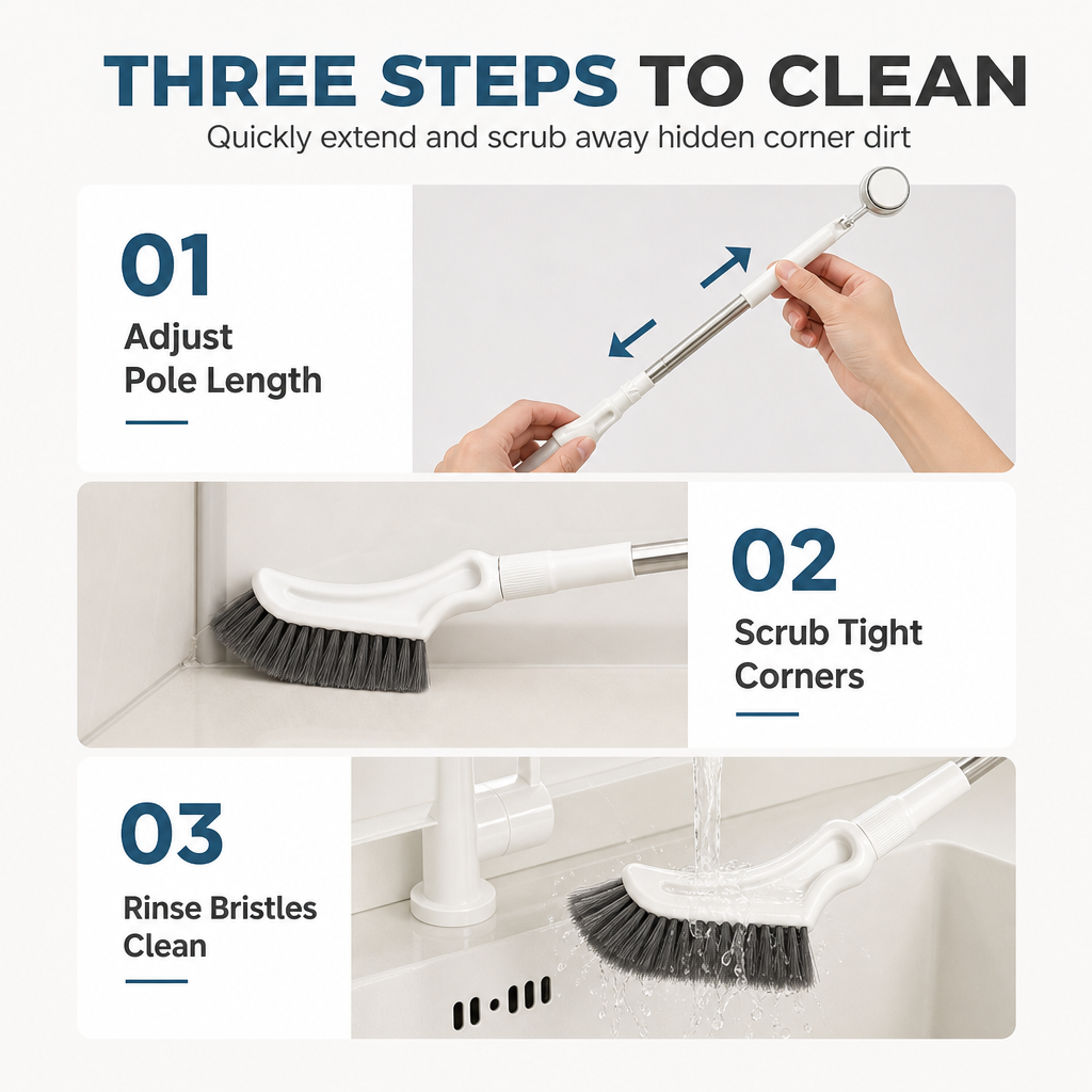 Extendable crevice and floor brush with a long handle